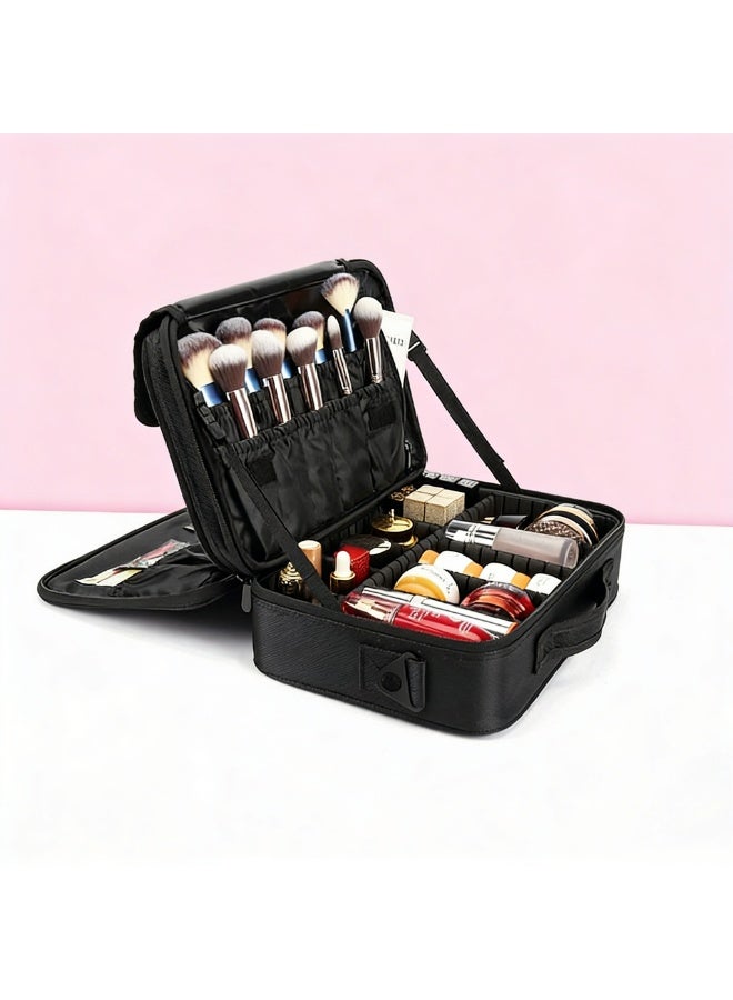 Makeup Bag,3 Layer Large Capacity Professional Makeup Bag,Waterproof Oxford Cloth Cosmetic Organizer with Adjustable Strap & Brush Holder for individual,Family,Make-up Artist and Travel Use - Image 1