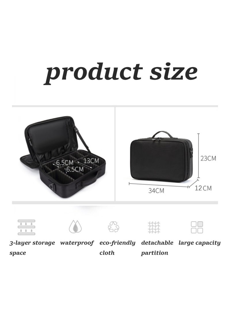 Makeup Bag,3 Layer Large Capacity Professional Makeup Bag,Waterproof Oxford Cloth Cosmetic Organizer with Adjustable Strap & Brush Holder for individual,Family,Make-up Artist and Travel Use - Image 3