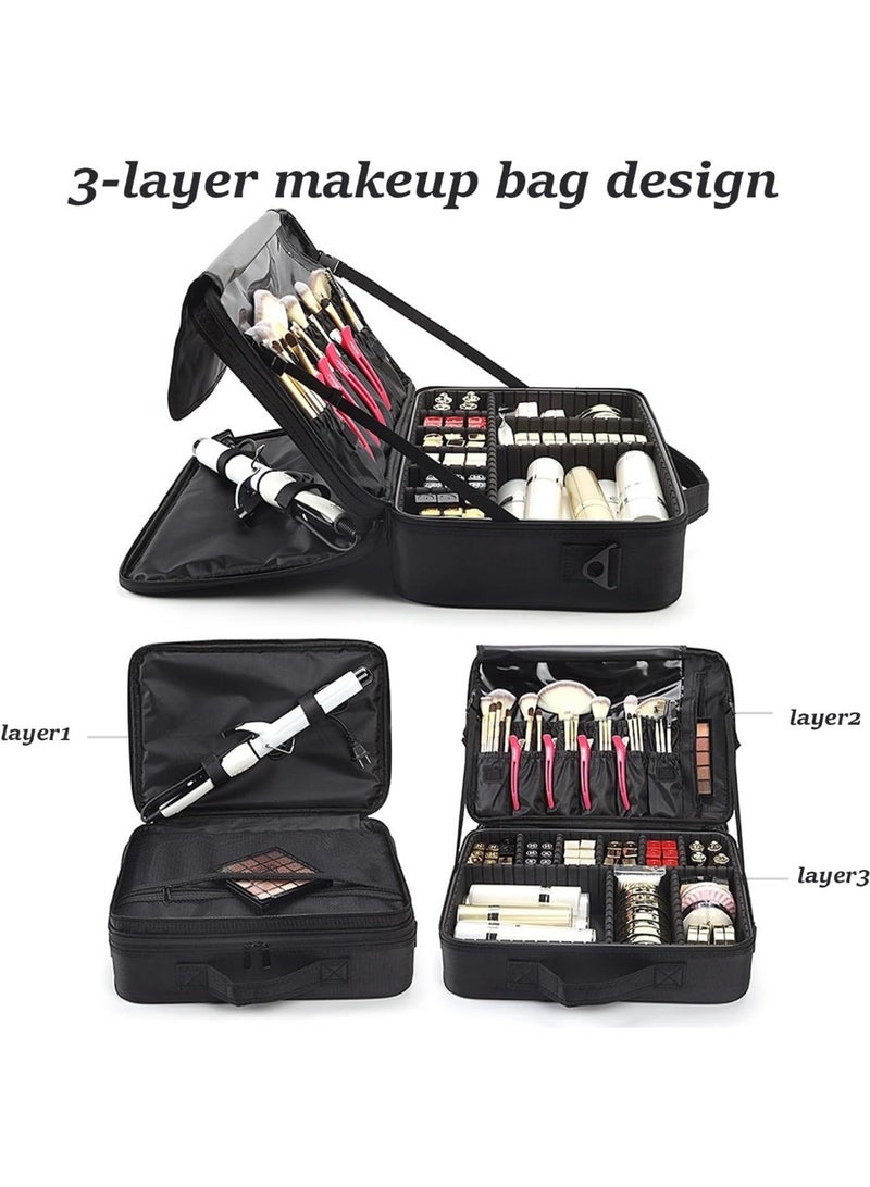 Makeup Bag,3 Layer Large Capacity Professional Makeup Bag,Waterproof Oxford Cloth Cosmetic Organizer with Adjustable Strap & Brush Holder for individual,Family,Make-up Artist and Travel Use - Image 2