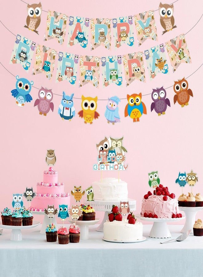 Apol Owl Birthday Party Decorations,Cute Owls Happy Birthday Banner Cartoon Owl Flag Bunting Banner Cake Topper Cupcake Decoration Set for Kids Baby Shower Woodland Theme Party Supplies - Image 4