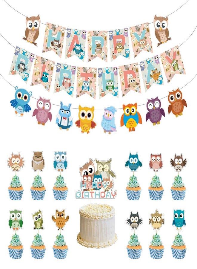 Apol Owl Birthday Party Decorations,Cute Owls Happy Birthday Banner Cartoon Owl Flag Bunting Banner Cake Topper Cupcake Decoration Set for Kids Baby Shower Woodland Theme Party Supplies - Image 1
