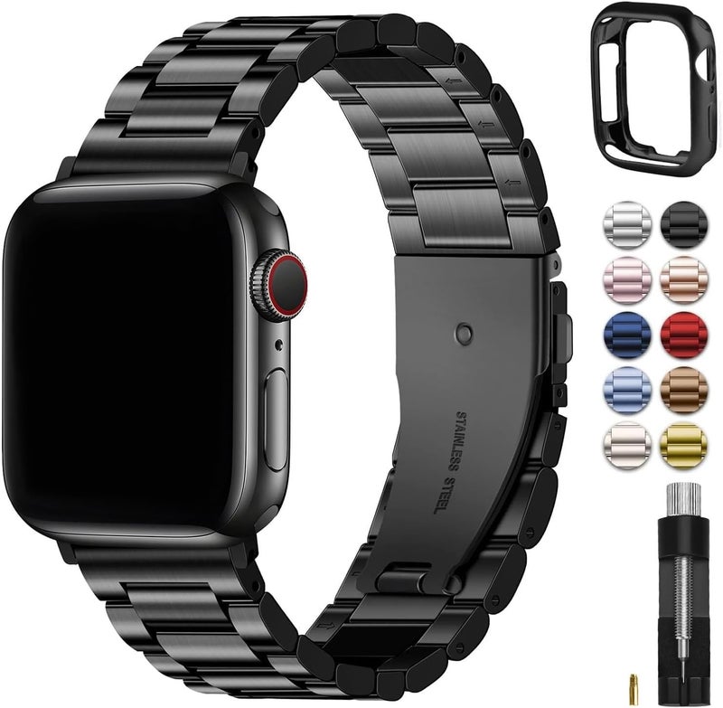 Fullmosa Metal Band Compatible with Apple Watch 45mm/44mm/42mm - Black Stainless Steel with Case - Image 1