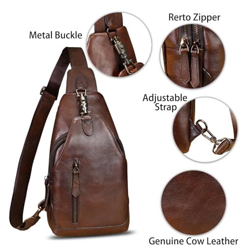 LRTO Genuine Leather Sling Bag Crossbody Purse Motorcycle Bag Handmade Hiking Daypack Retro Shoulder Backpack Vintage Chest Bag (Coffee) - Image 5