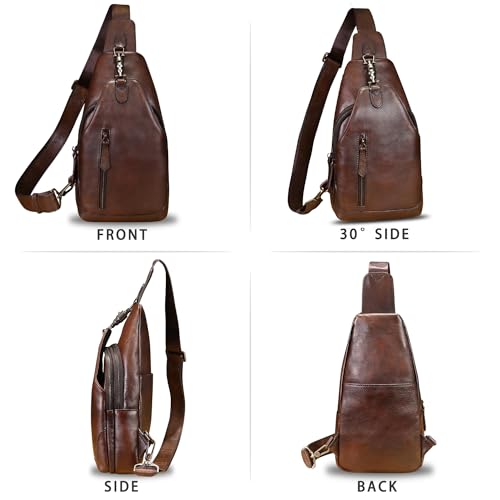 LRTO Genuine Leather Sling Bag Crossbody Purse Motorcycle Bag Handmade Hiking Daypack Retro Shoulder Backpack Vintage Chest Bag (Coffee) - Image 4