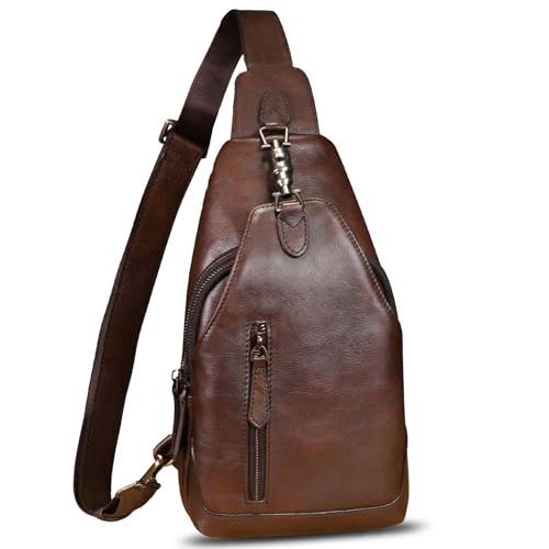 LRTO Genuine Leather Sling Bag Crossbody Purse Motorcycle Bag Handmade Hiking Daypack Retro Shoulder Backpack Vintage Chest Bag (Coffee) - Image 1