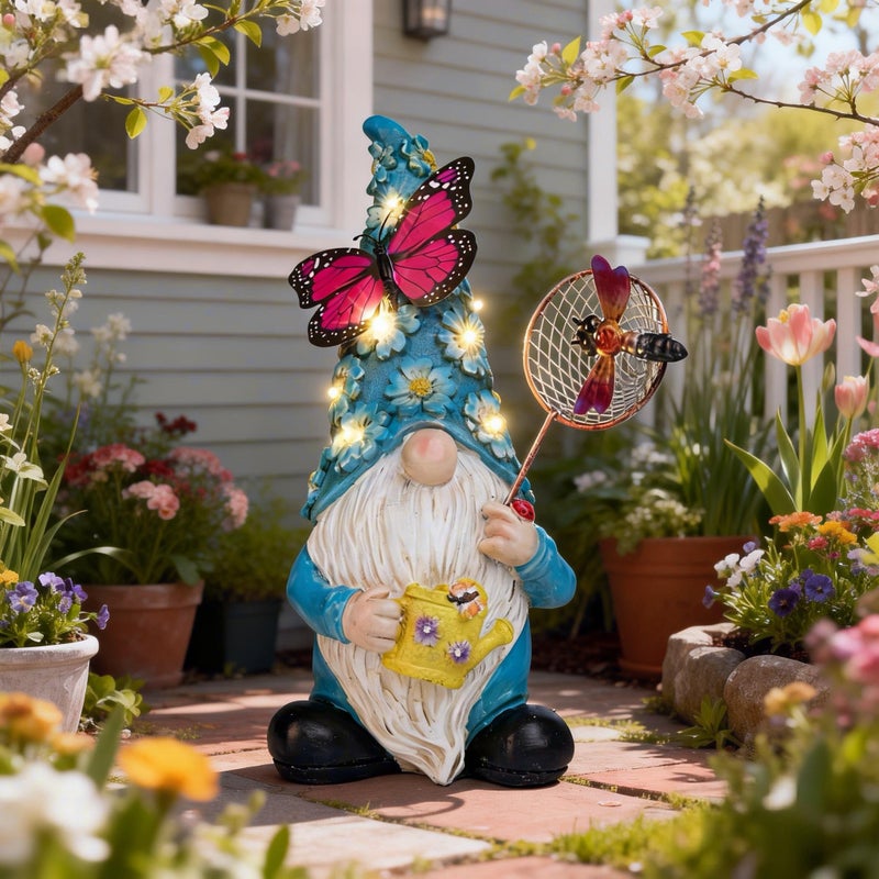 Foreby Garden Gnome Statues Outdoor Decor Solar Gnomes with Butterfly on LED Lighted Flowers, Resin Blue Gnomes Sculpture for Patio Yard Lawn Onament Decoration - Image 5