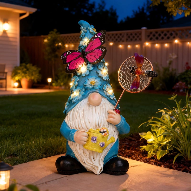 Foreby Garden Gnome Statues Outdoor Decor Solar Gnomes with Butterfly on LED Lighted Flowers, Resin Blue Gnomes Sculpture for Patio Yard Lawn Onament Decoration - Image 2