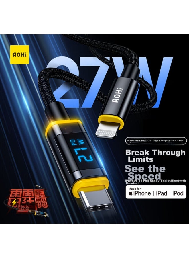 Aohi Aohi Mfi Certified Digital Display Cable C-lightning Apple Fast Charging Cable Pd Black 1.2m 3a Braided Cable With Indicator Light, Suitable For Iphone 13/12/ipad  - Image 1