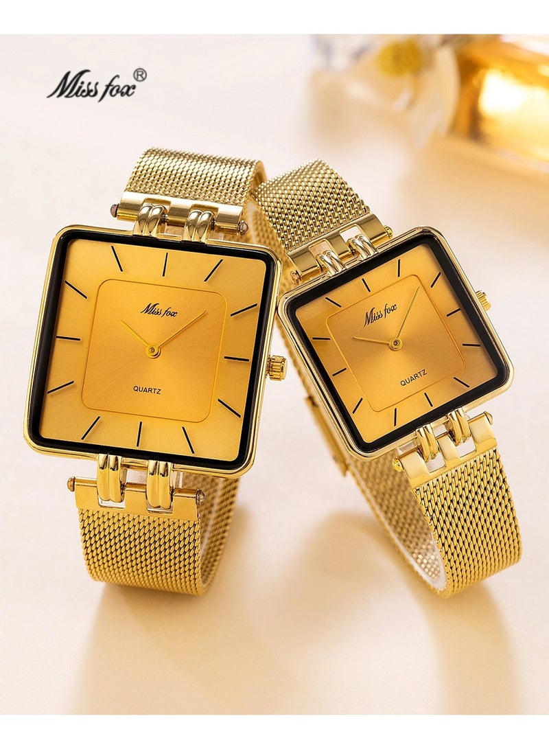 MISS FOX Classic Square Quartz Couple Watch – Stainless Steel Mesh Band, Waterproof, Stylish & Minimalist Design - Image 1