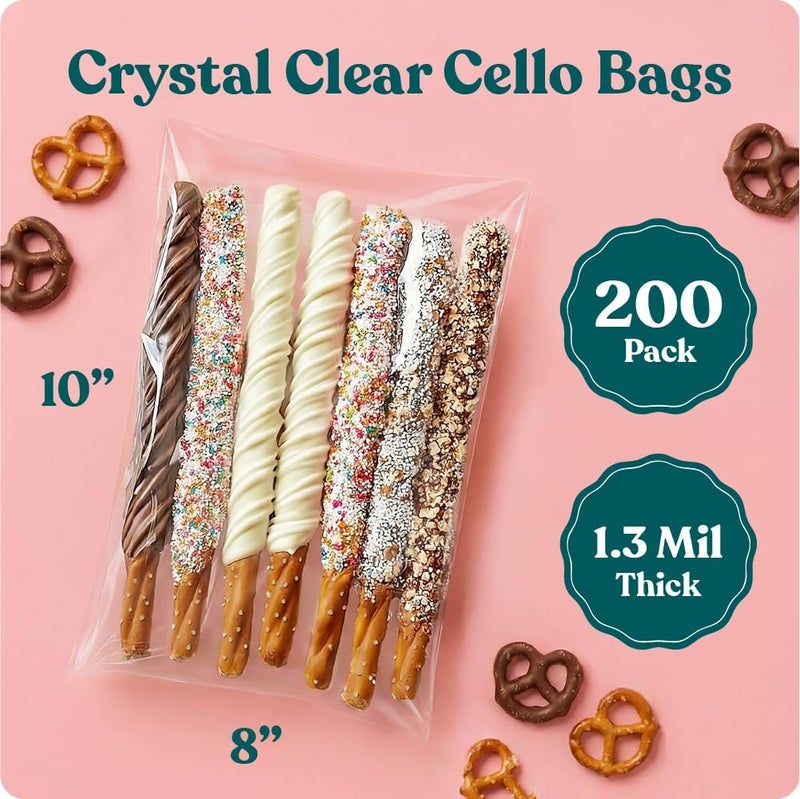 Pack It Chic - 8" X 10" Clear Self Sealing Cellophane Bags (200 Pack) - Cookie and Pretzel Rod Bags With Resealable Adhesive for Baked Goods Packaging, Candy, Pastries, Bread, Treats, Party Favors - Image 3