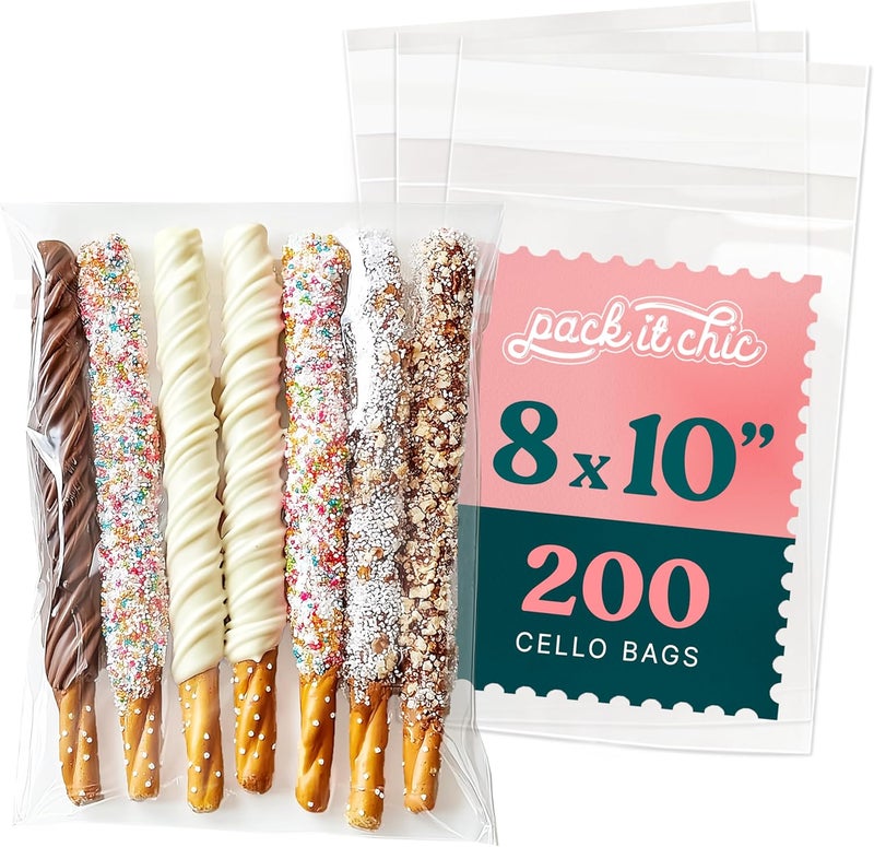 Pack It Chic - 8" X 10" Clear Self Sealing Cellophane Bags (200 Pack) - Cookie and Pretzel Rod Bags With Resealable Adhesive for Baked Goods Packaging, Candy, Pastries, Bread, Treats, Party Favors - Image 1