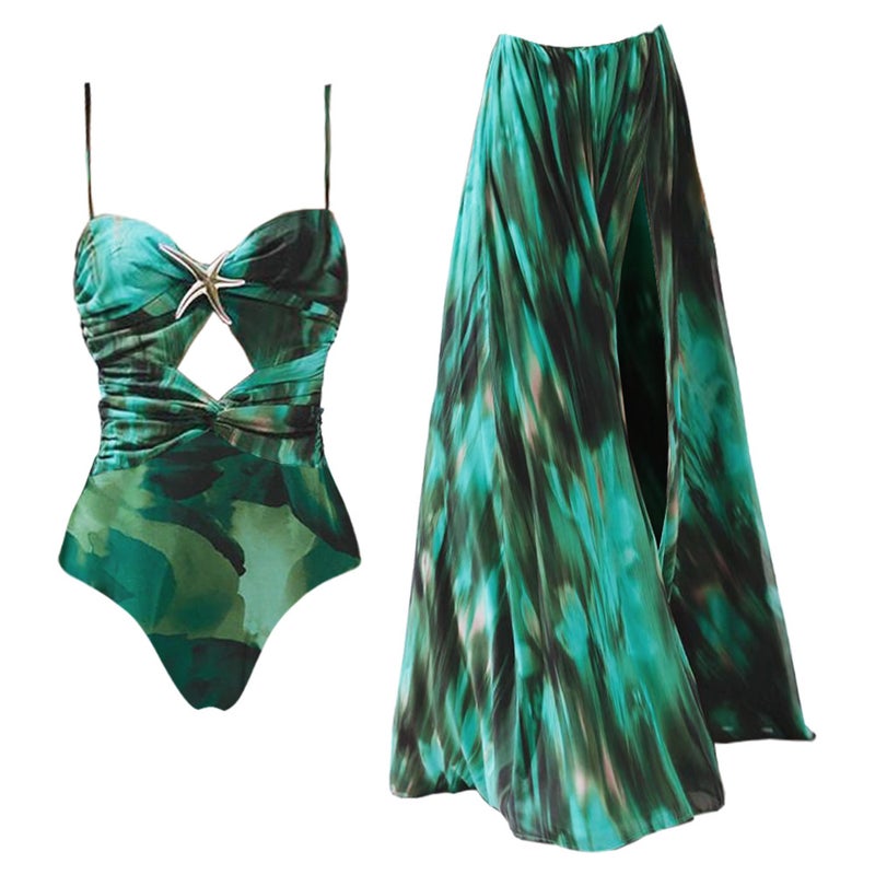 Women's Green Ink Print Cutout One-Piece Swimsuit and Wrap Skirt Set - Image 5