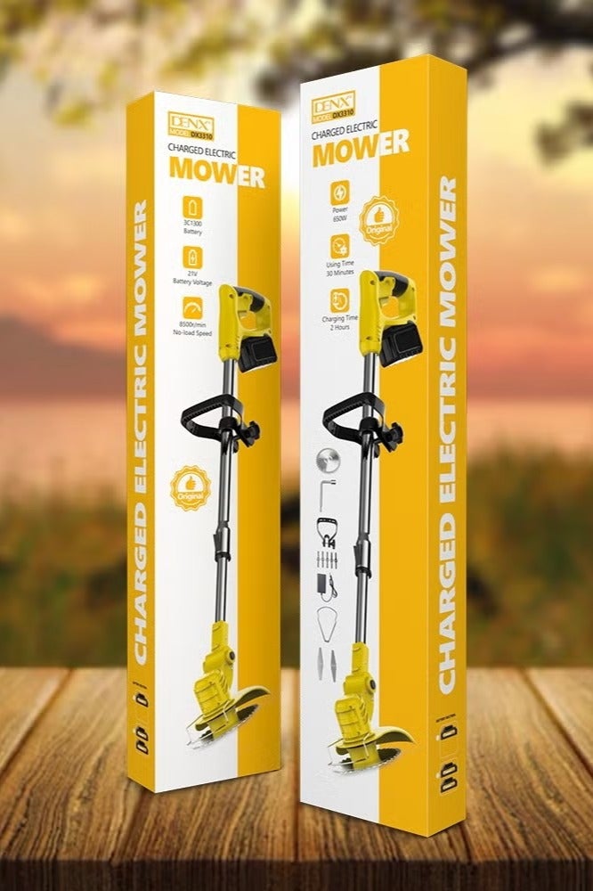 DENX Cordless Rechargeable Electric Lawn Mower - 21V, 650W, 2 Batteries, Fast Charger, 8500 RPM, Ergonomic and Lightweight Design, 3 Multi-Use Blades, High-Efficiency Motor, Powerful Battery, Built-in Safety System, Adjustable Length, Easy Assembly - Ideal for precise and easy weed trimming and garden cleaning - Image 5