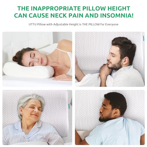 UTTU Cervical Pillow for Neck Strain Relief, Memory Foam Neck Pillow for Sleeping, Adjustable Orthopedic Sandwich Pillow, Contour Cooling for Side Back Stomach Sleeper, Travel(15.7"×11"×5.2"/4.5") - Image 3