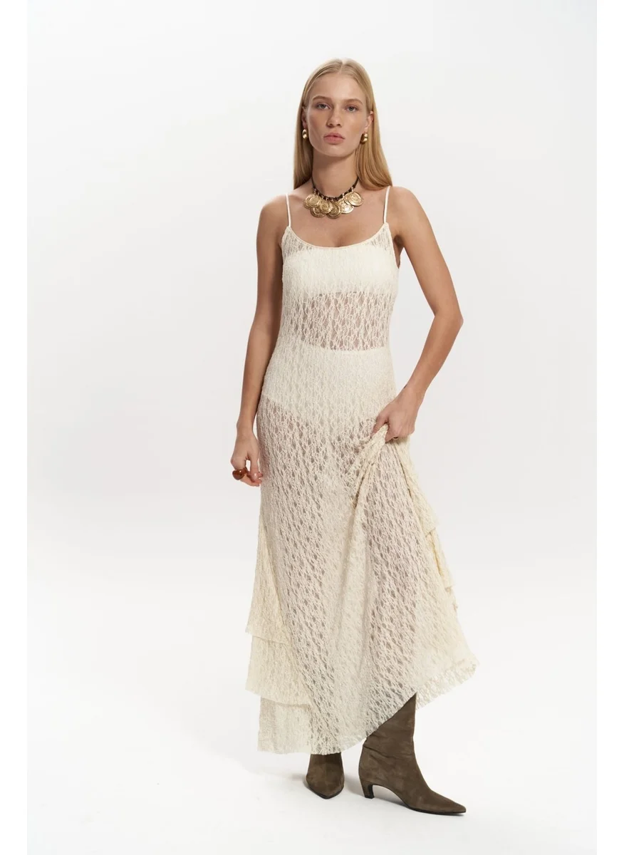 Mai Collection Laced Beige Long Dress