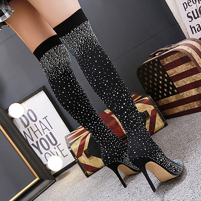 High Heel Over Knee Boots Bright Boots Women Rhinestone (Black Size 42 EU40.5 US13 UK6.5) - Image 1