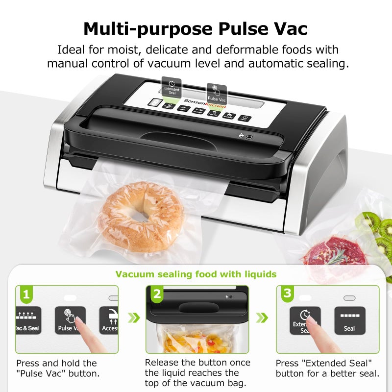 Bonsenkitchen Vacuum Sealer Machine, Globefish Technology for Perfect Vacuum Sealing, Powerful Low-Noise Food Vacuum Sealer with Easy Handle Design, Built-in Cutter & Bag Storage, 1 Bag Roll & 10 Bags - Image 3