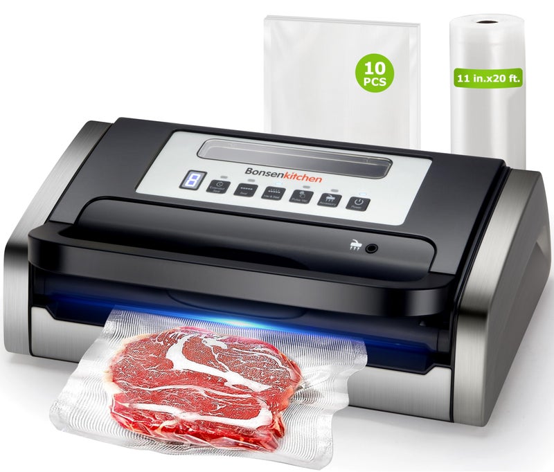 Bonsenkitchen Vacuum Sealer Machine, Globefish Technology for Perfect Vacuum Sealing, Powerful Low-Noise Food Vacuum Sealer with Easy Handle Design, Built-in Cutter & Bag Storage, 1 Bag Roll & 10 Bags - Image 1