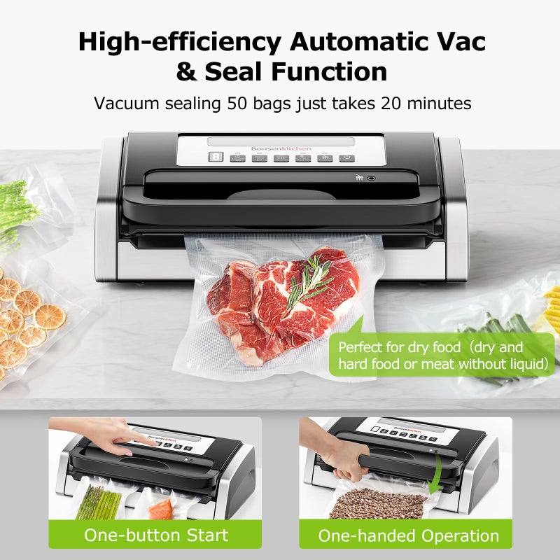 Bonsenkitchen Vacuum Sealer Machine, Globefish Technology for Perfect Vacuum Sealing, Powerful Low-Noise Food Vacuum Sealer with Easy Handle Design, Built-in Cutter & Bag Storage, 1 Bag Roll & 10 Bags - Image 2