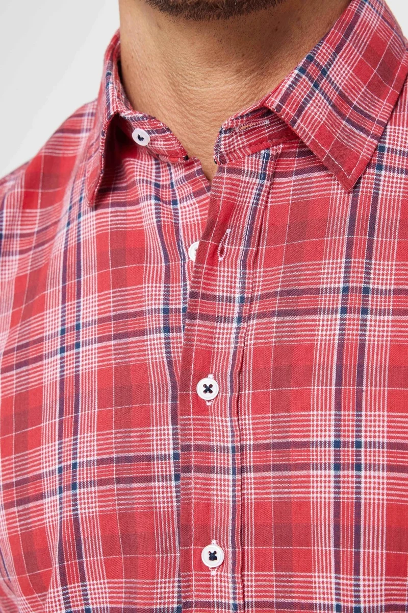 تودورس Men's Slim Fit Narrow Fit Checked Linen Texture Summer Shirt