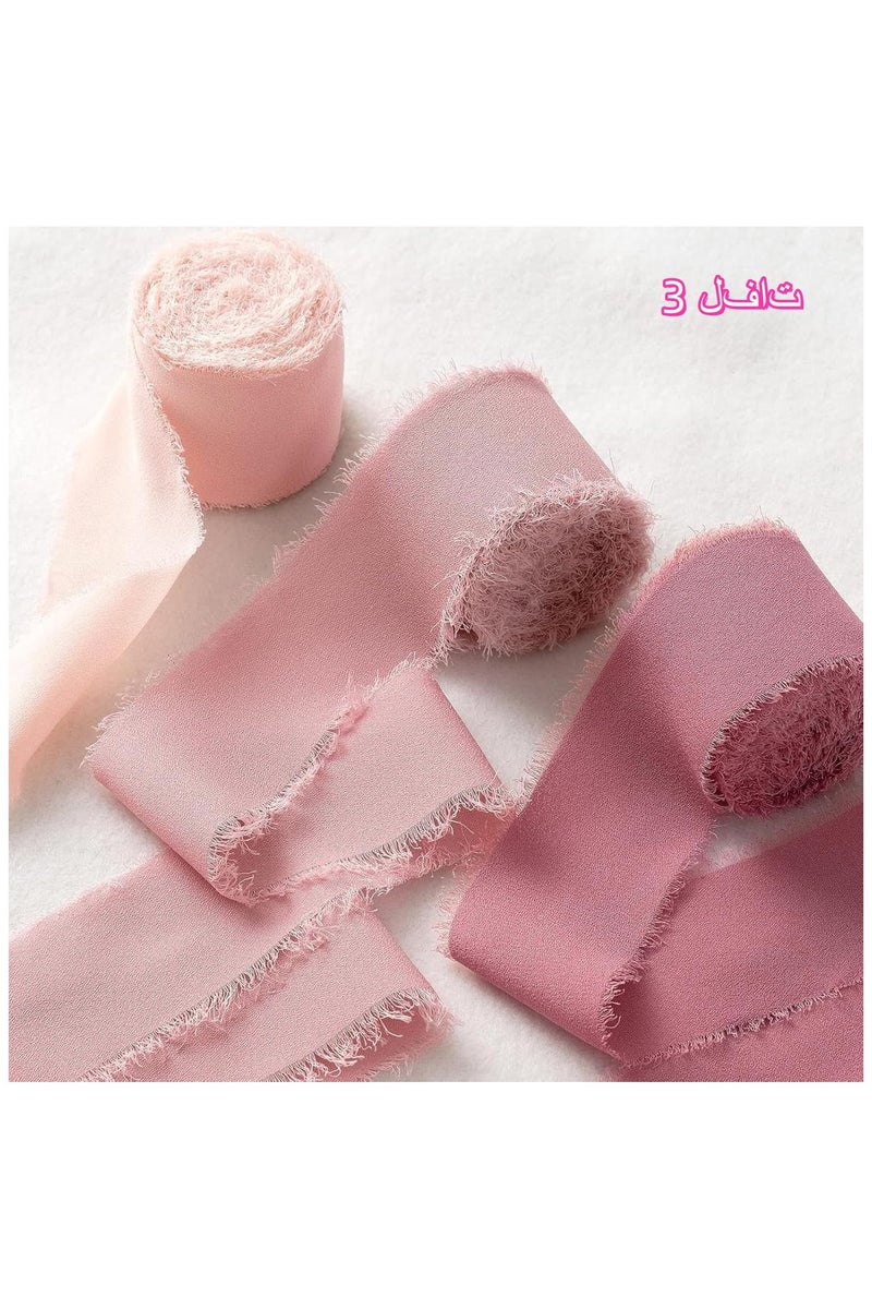 3 فاخر لفات شريط حرير شيفون مهدب - 4 سم × 5 أمتار بشريط بحواف ممزقة يدويًا لديكورات الزفاف، تغليف الهدايا، الأعمال اليدوية (جاهز لباقات العروس) - Image 1