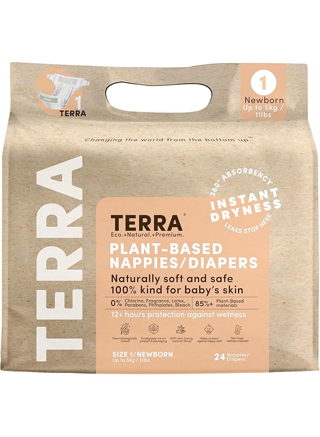 تيرا حفاضات حديثي الولادة مقاس 1، حفاضات نباتية بنسبة 85%، فائقة النعومة وخالية من المواد الكيميائية للبشرة الحساسة، امتصاص فائق للحفاضات النهارية أو الليلية، مصممة لحديثي الولادة حتى وزن 11 رطلاً، 24 قطعة - Image 1