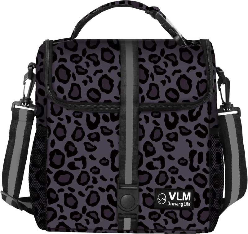 VLM Lunch Bags for WomenLeakproof Insulated Floral Lunch Box with Adjustable Shoulder Strap Reusable Zipper Cooler Tote Bag for WorkPicnicCamping LeopardPurple