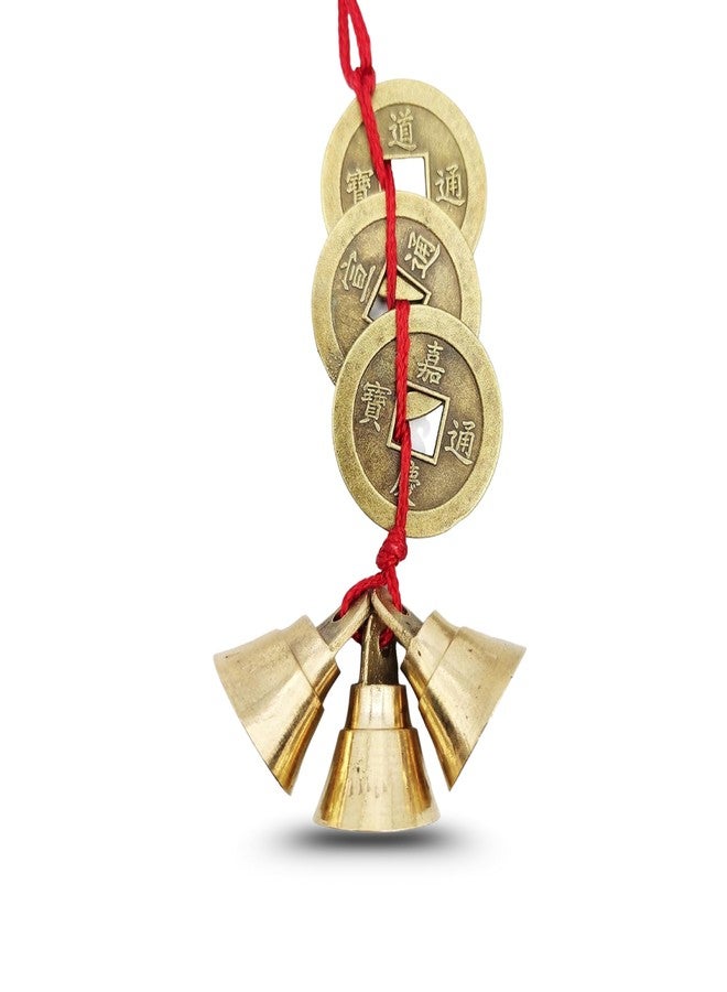 Plus Value Fengshui Vastu Lucky Brass Hanging 3 Bell Three Chinese Coins Main Entrance Door Hanging for Home & Office Decor, Attract Wealth, Prosperity Spiritual Gifting, Cute Miniature Decor - Image 1