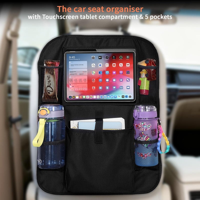 Zocipro 2 Pcs Car Seat Organiser for Kids - Waterproof Back Seat Protector with Tablet Compartment & 5 Pockets for Toys, Books, and Drinks - Black - Image 4