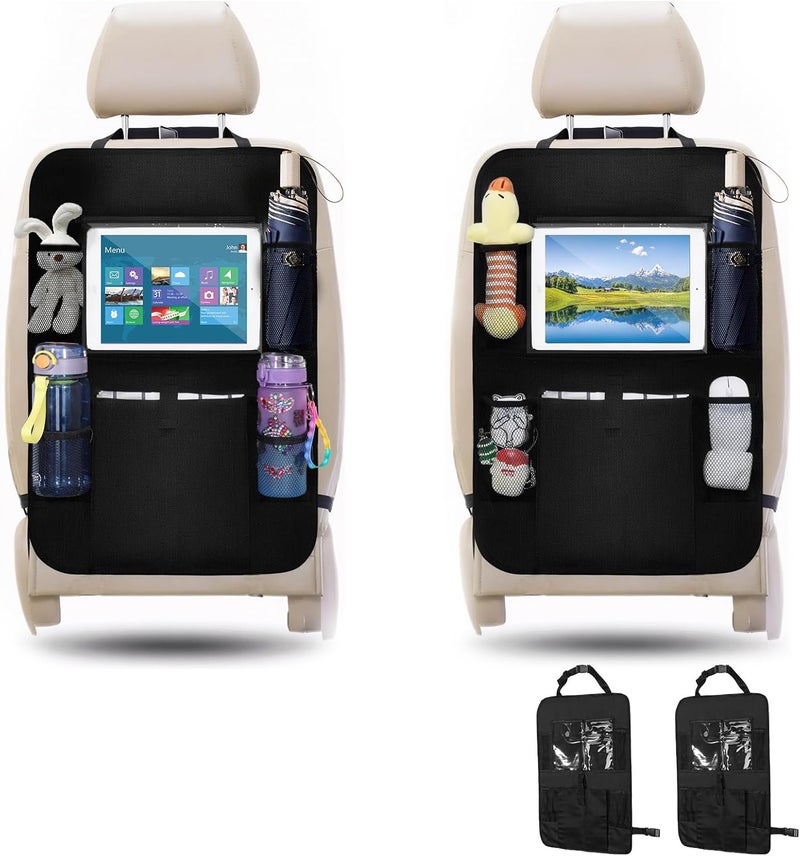 Zocipro 2 Pcs Car Seat Organiser for Kids - Waterproof Back Seat Protector with Tablet Compartment & 5 Pockets for Toys, Books, and Drinks - Black - Image 1
