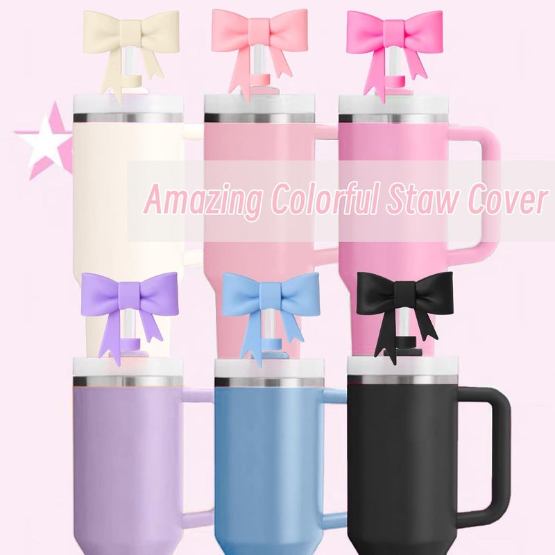 Hpebl 6Pcs Silicone Straw Toppers Covers for Stanley Cups 40/30oz 10mm(0.4in) Dust-Proof Bow Straw Covers Toppers Suitbale for Stanley Cup Accessories Reusable Straws Caps (Colorful B) - Image 5