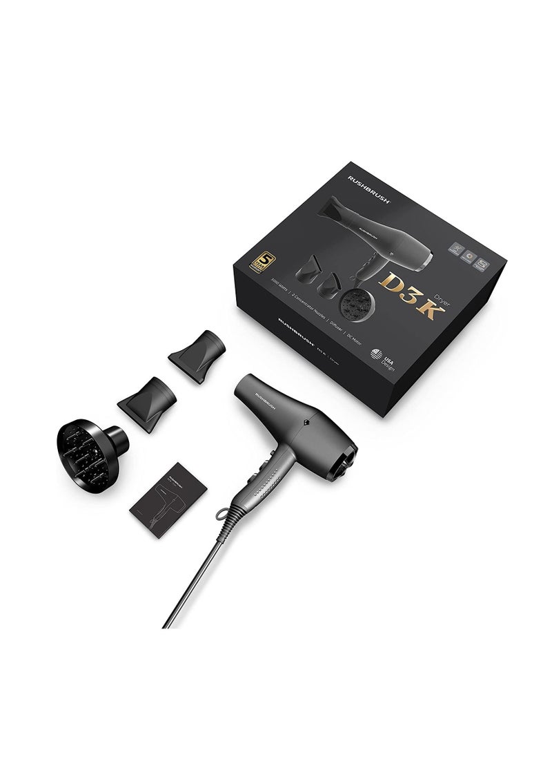 Rush Brush - D3K Dryer Black 3000W AC Motor Pro Hair Dryer with Ionic & Cool Shot Technology, Includes Diffuser and Concentrator - Image 1