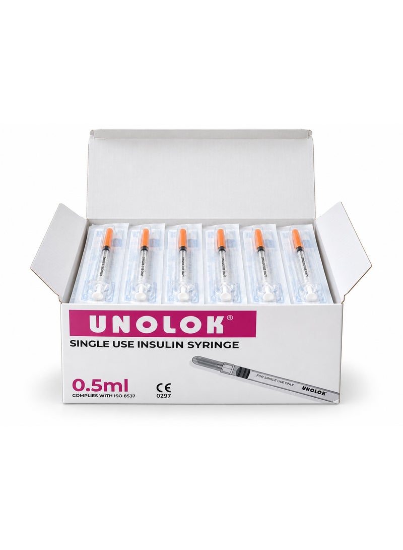 ينولوك  حقنة أنسولين UNOLOK سعة 0.5 مل (مقاس 30G × 8 مم) – حقن معقمة تستخدم لمرة واحدة، 100 قطعة - Image 1