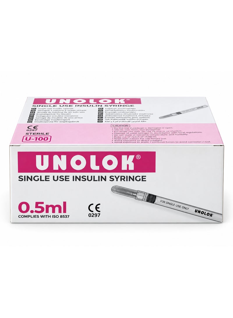 ينولوك  حقنة أنسولين UNOLOK سعة 0.5 مل (مقاس 30G × 8 مم) – حقن معقمة تستخدم لمرة واحدة، 100 قطعة - Image 2