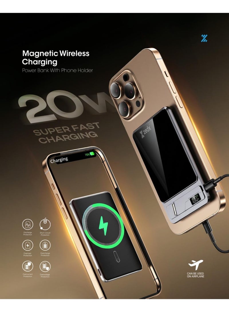 zedx 10000mAh Magnetic Wireless Power Bank 20W Fast Charging with Foldable Stand and LED Display, MagSafe Compatible Portable Charger for iPhone, AirPods and Apple Watch - Image 2