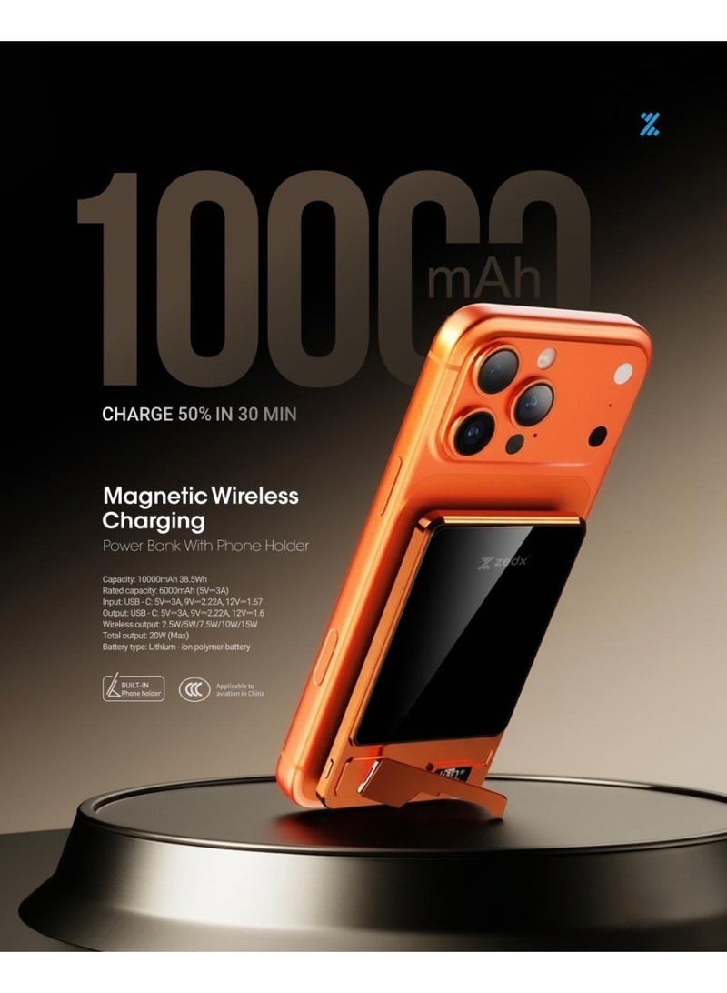 zedx 10000mAh Magnetic Wireless Power Bank 20W Fast Charging with Foldable Stand and LED Display, MagSafe Compatible Portable Charger for iPhone, AirPods and Apple Watch - Image 1