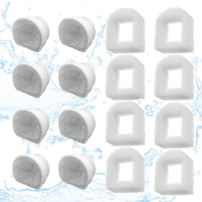 Ukulork 16 Pack Pet Fountain Filter Replacement,8 Carbon Filters and 8 Foam Pre-Filter Replacement Compatible with Multiple Pet Water Dspensers Water Bowl - Image 1