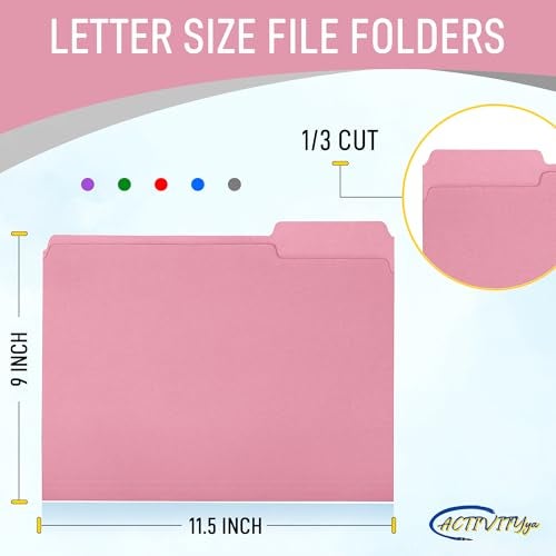 ACTIVITYYA Pink File Folders, 1/3-Cut Tabs, Letter Size, 12-Pack – Durable Office Filing Folders for Documents, Papers, and Organization - Image 2