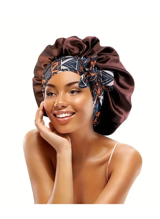 Rozino - Elegant Brown Satin Sleep Cap with Geometric Pattern and Bow Tie - 100% Polyester, Long Ribbon Tie-On Turban Hat for Beauty & Hair Care - Image 1