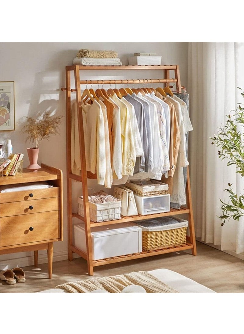 Bamboo Clothes Rail Stand Multifunctional Garment Rack with Clothes Hanging Rack Top Shelf and 2-Tier Shoe Rack Freestanding Clothing Rack Open Wardrobe with Hooks for Living Room Bedroom - Image 1