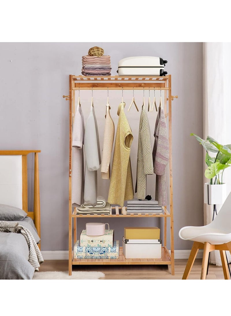 Bamboo Clothes Rail Stand Multifunctional Garment Rack with Clothes Hanging Rack Top Shelf and 2-Tier Shoe Rack Freestanding Clothing Rack Open Wardrobe with Hooks for Living Room Bedroom - Image 2