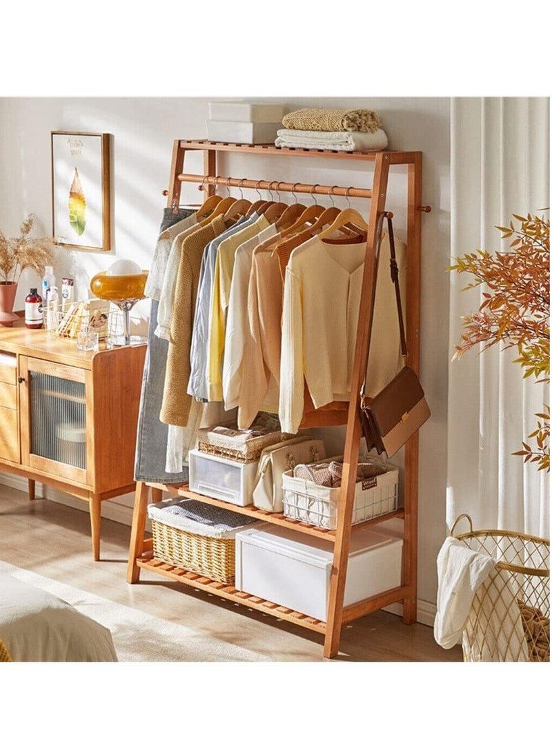 Bamboo Clothes Rail Stand Multifunctional Garment Rack with Clothes Hanging Rack Top Shelf and 2-Tier Shoe Rack Freestanding Clothing Rack Open Wardrobe with Hooks for Living Room Bedroom - Image 3