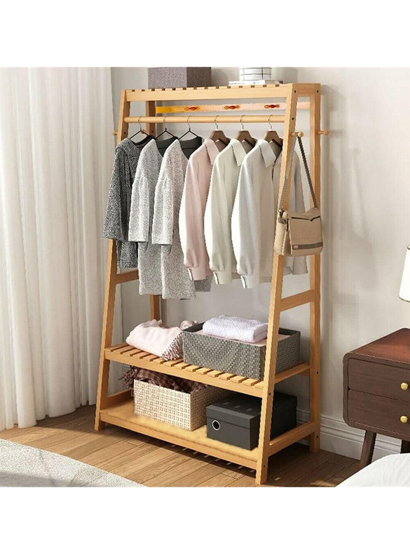Bamboo Clothes Rail Stand Multifunctional Garment Rack with Clothes Hanging Rack Top Shelf and 2-Tier Shoe Rack Freestanding Clothing Rack Open Wardrobe with Hooks for Living Room Bedroom - Image 4