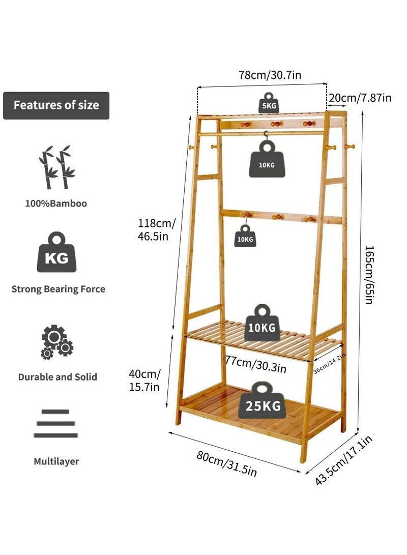 Bamboo Clothes Rail Stand Multifunctional Garment Rack with Clothes Hanging Rack Top Shelf and 2-Tier Shoe Rack Freestanding Clothing Rack Open Wardrobe with Hooks for Living Room Bedroom - Image 5