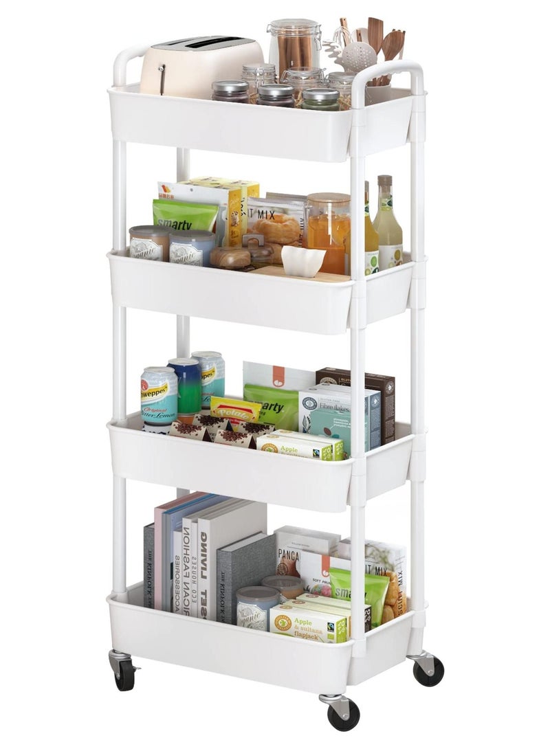 يوفان عربة بلاستيكية دوارة متعددة الاستخدامات بأربع طبقات مع مقبض، عربة تخزين متعددة الوظائف للمكتب وغرفة المعيشة والمطبخ، منظم تخزين متحرك بعجلات، أبيض - Image 1