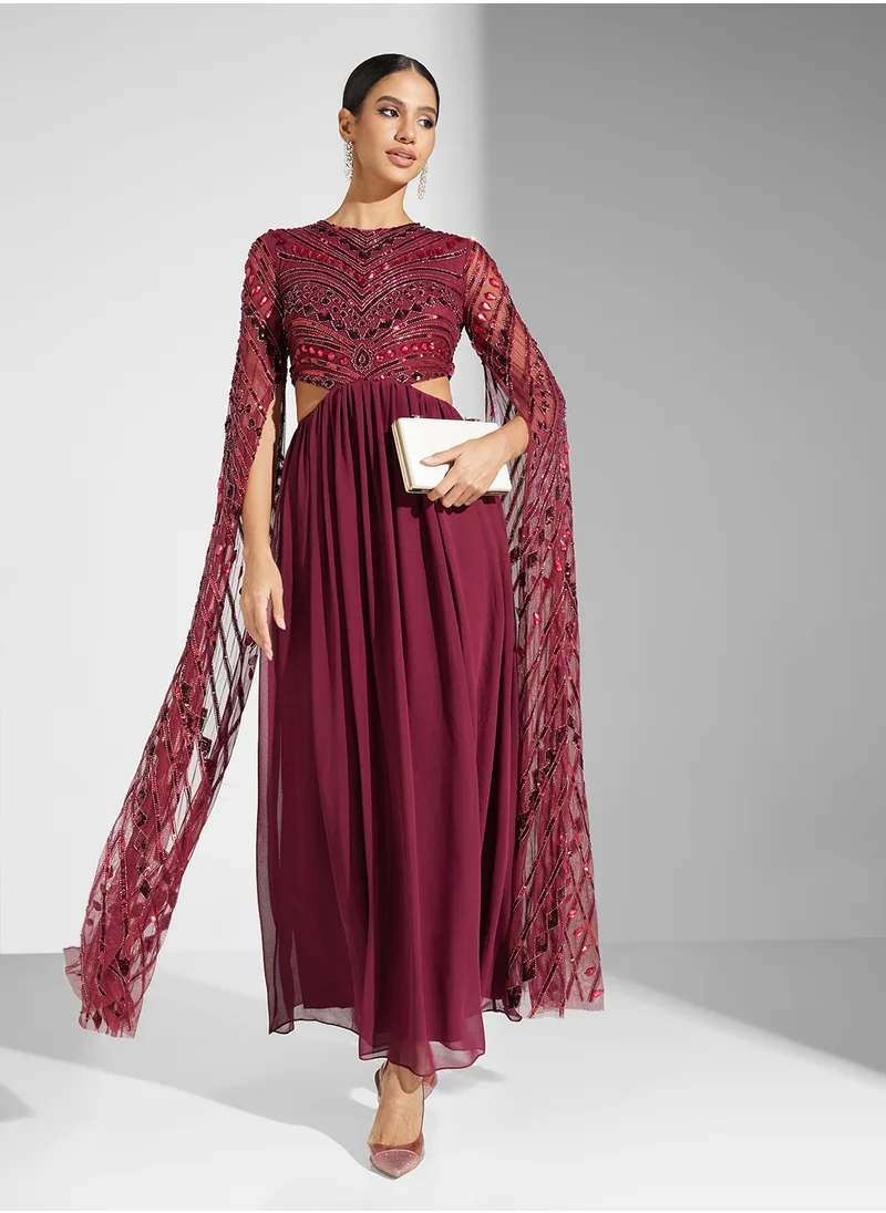 Frock and Frill Embellished Cape Sleeve Maxi Dress