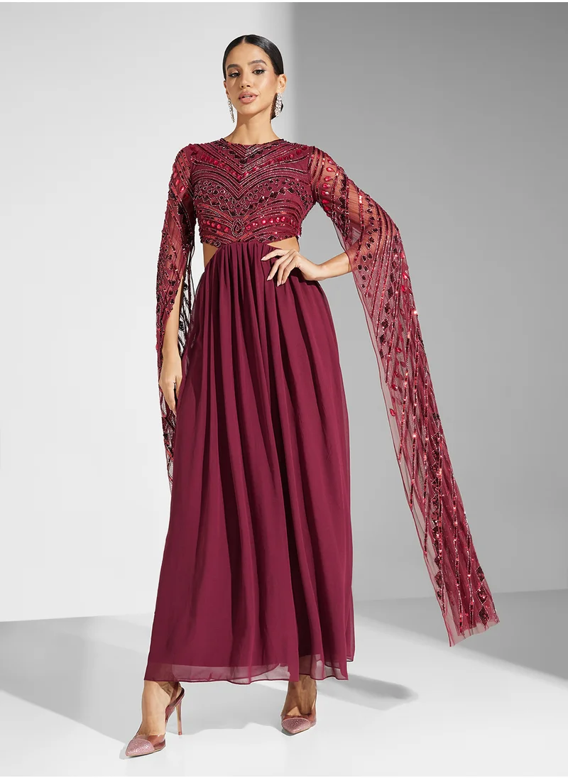 Frock and Frill Embellished Cape Sleeve Maxi Dress