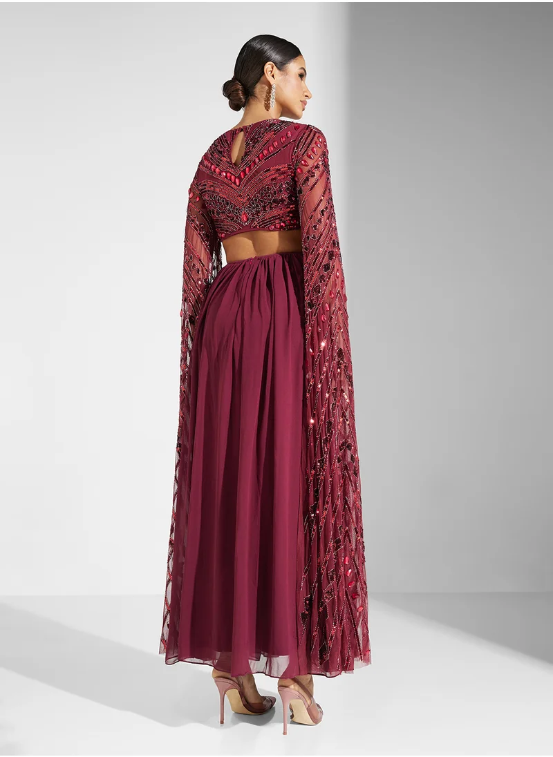 Frock and Frill Embellished Cape Sleeve Maxi Dress