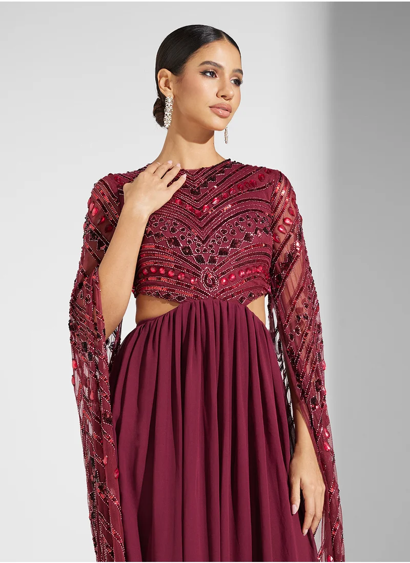Frock and Frill Embellished Cape Sleeve Maxi Dress