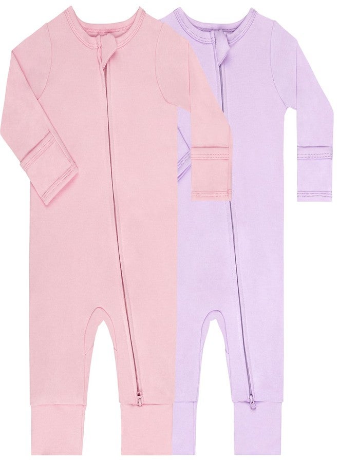 GUISBY Cotton Sleepers Footless Pajamas with Zipper and Mittens Long Sleeve Rompers for Baby Peach+Purple 18-24 Months - Image 1